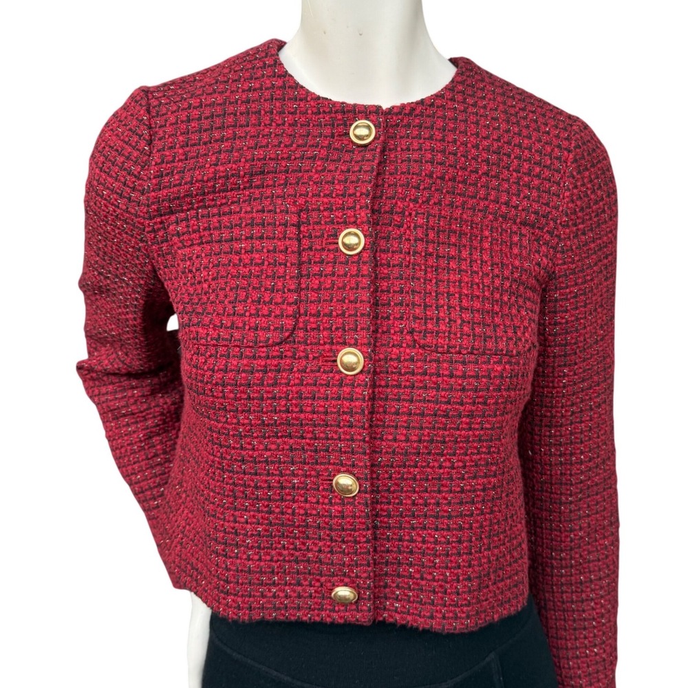 RW&CO Red Tweed Cropped Blazer Lady Jacket Gold Button Old Money Sparkle Size 2